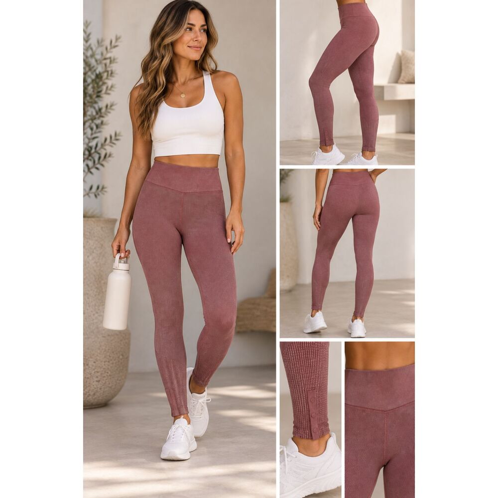 OFFLINE by Aerie Ribbed High Rise Leggings Mauve Plum Snap Ankle Cuffs